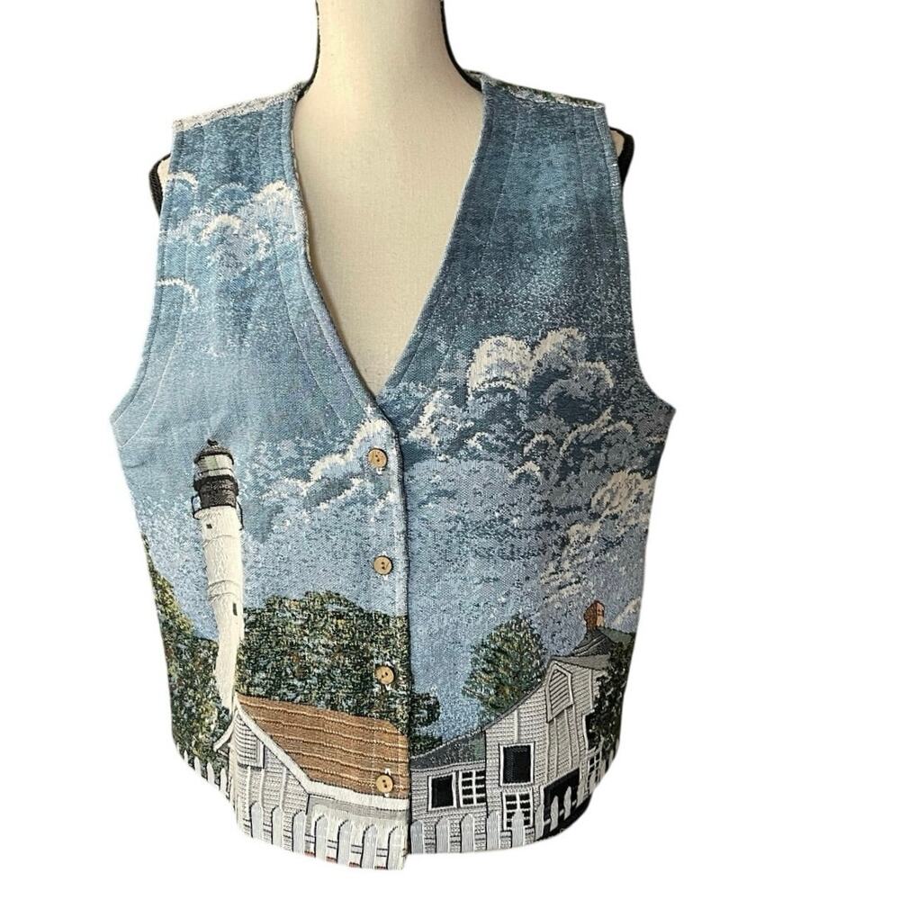 Blair Scenic Lighthouse Print Vest in Blue, White, Brown. Vintage grandmacore - Picture 6 of 12